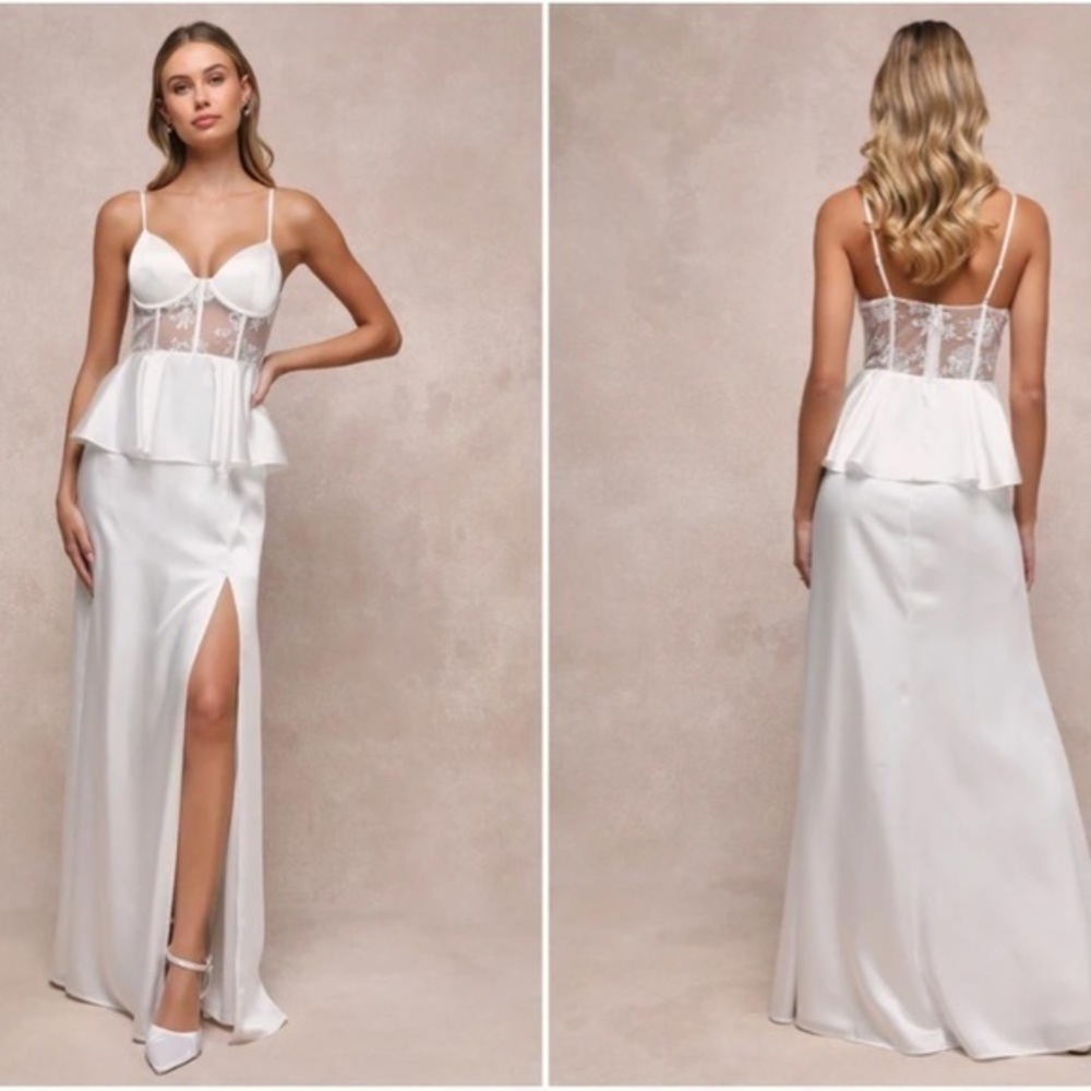 ⚫️ Lulus Iconic Adoration White Satin Peplum Sheer Bustier Maxi Dress small​